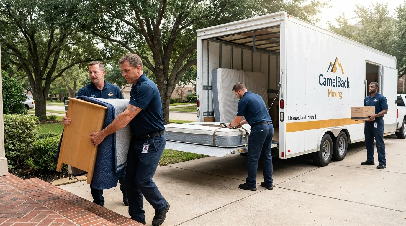 Crew loading residential truck for cross-state move from Bridge City, TX