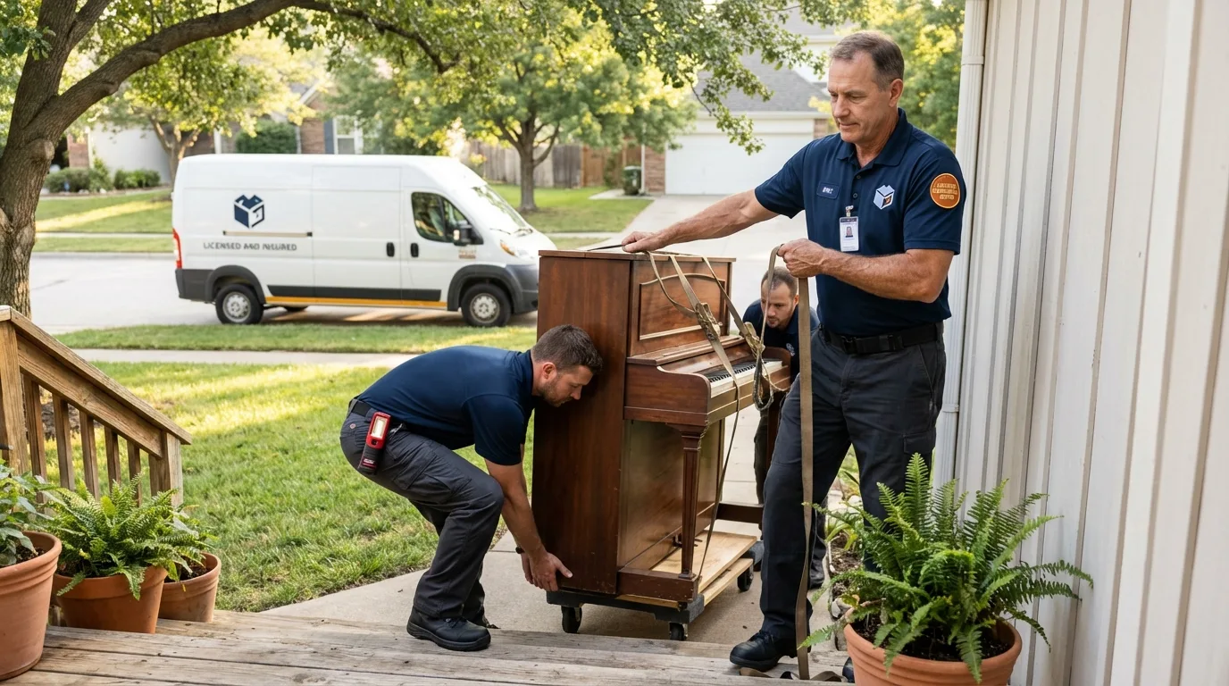 Licensed piano movers securing grand piano in Bridge City, TX