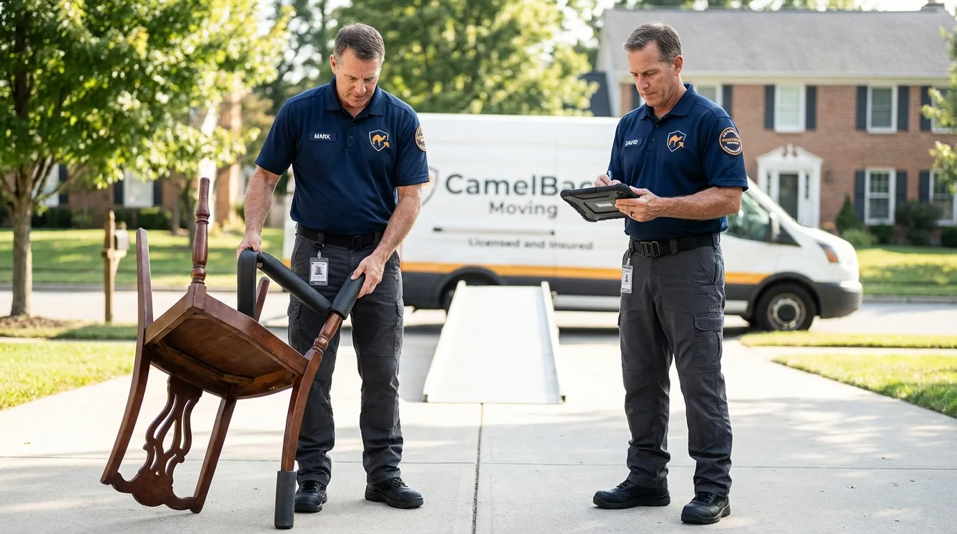 Movers inspecting furniture for damage prevention before loading in Bridge City, TX