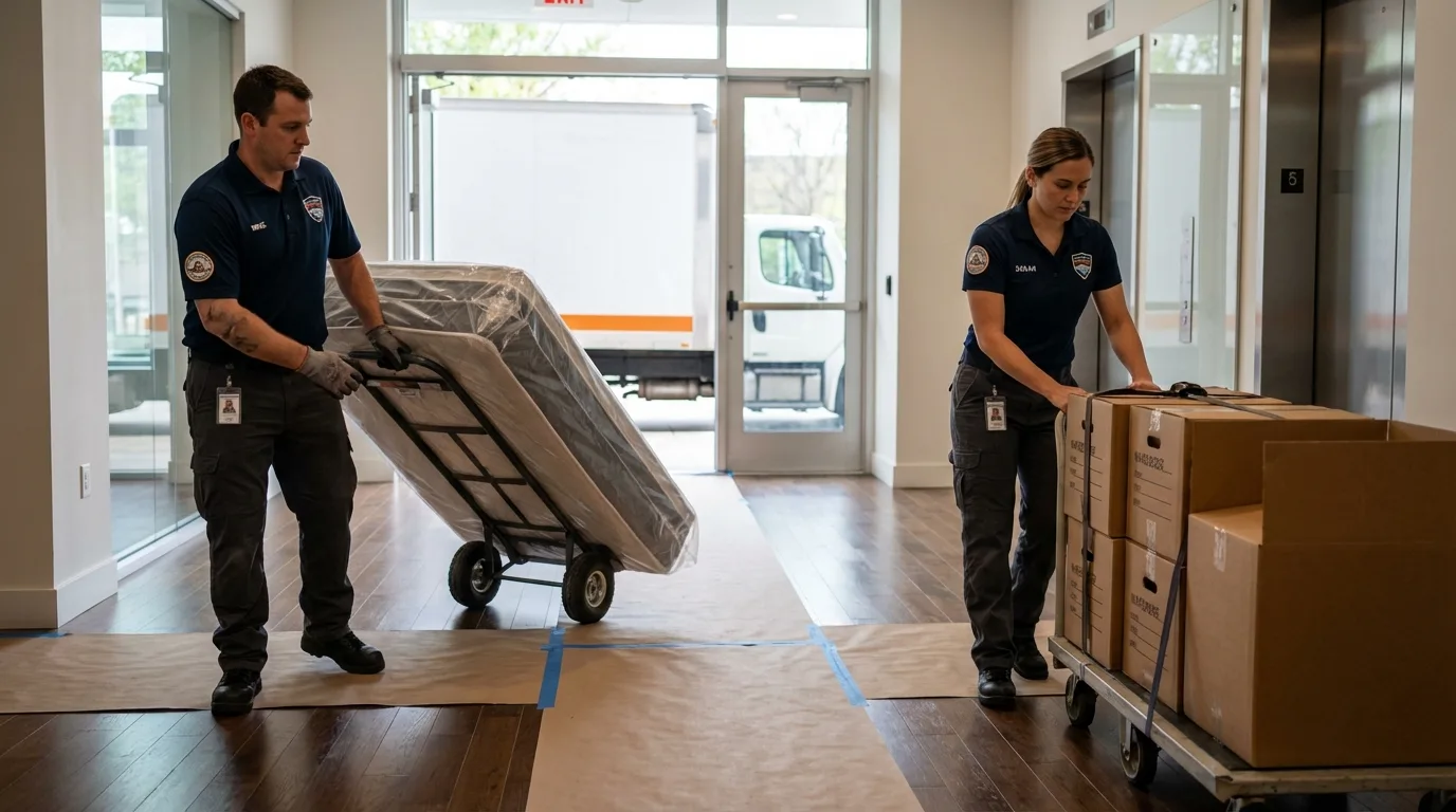 Professional apartment movers loading elevator in Bridge City, TX